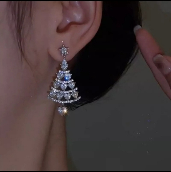 Silver Rhinestone Christmas Tree Heart Star Dangle Drop Earrings - Picture 2 of 8